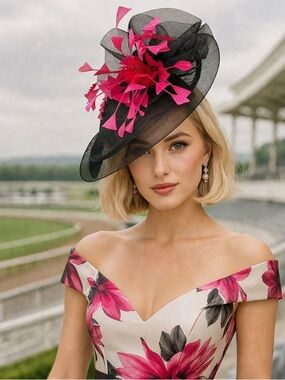 Kentucky Derby Hat Black & Pink Fascinator Tea Church Spring Formal Ascot Ready